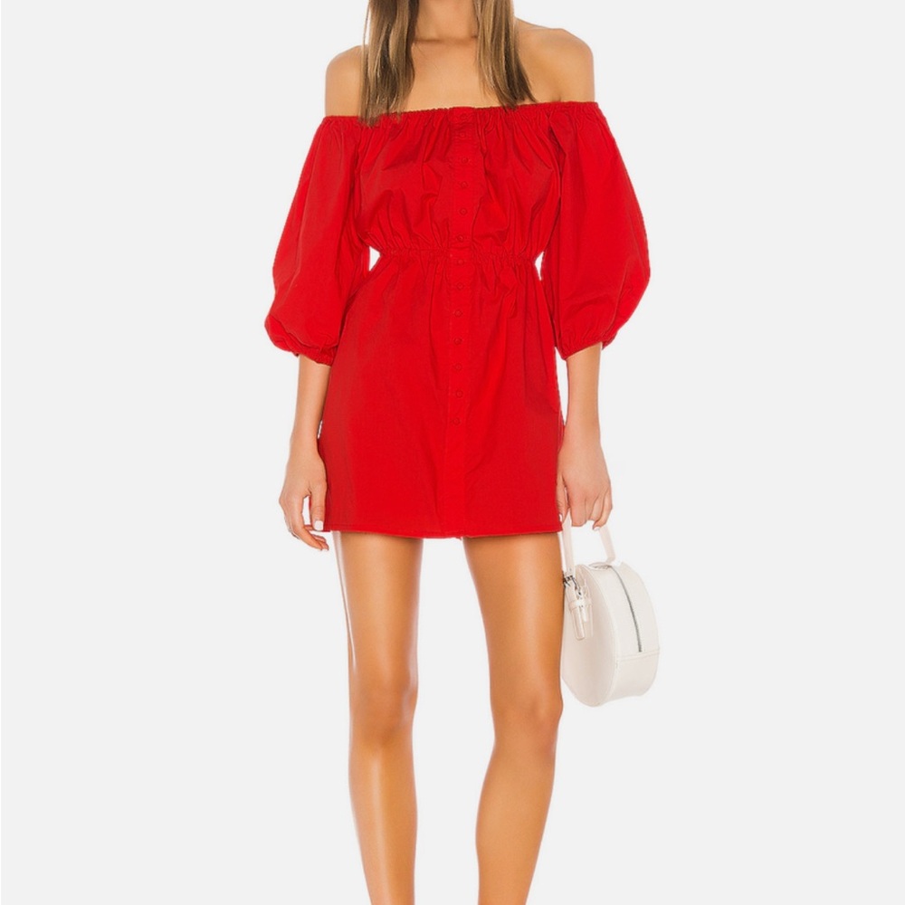 Camila Coelho Red Off-Shoulder Mini Dress with Puff Sleeves